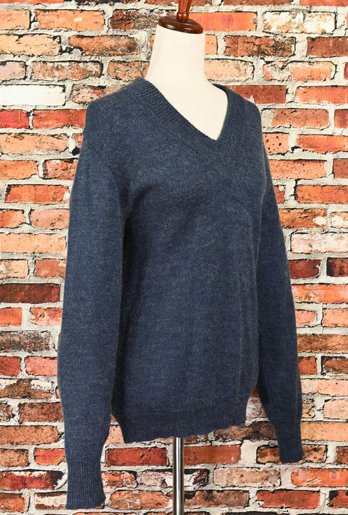 Vintage Greyish Blue V-Neck Pullover Sweater - M