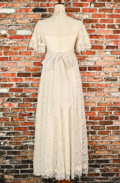 RARE Vintage 70s White Lace Palazzo Pant Style High Collar Wedding Dress