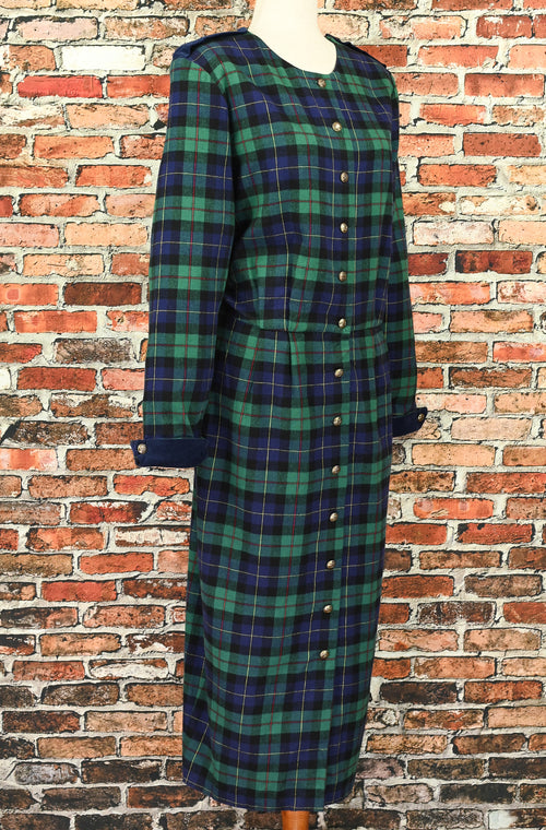 DEADSTOCK - Vintage 80s Green Tartan Plaid LANG ORIGINALS Long Sleeve Maxi Dress - 16