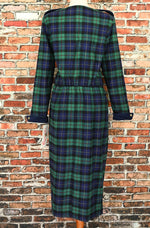 DEADSTOCK - Vintage 80s Green Tartan Plaid LANG ORIGINALS Long Sleeve Maxi Dress - 16