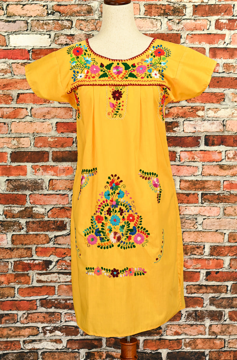 Vintage 60s/70s Gold Hand Embroidered Oaxacan Mexican Dress