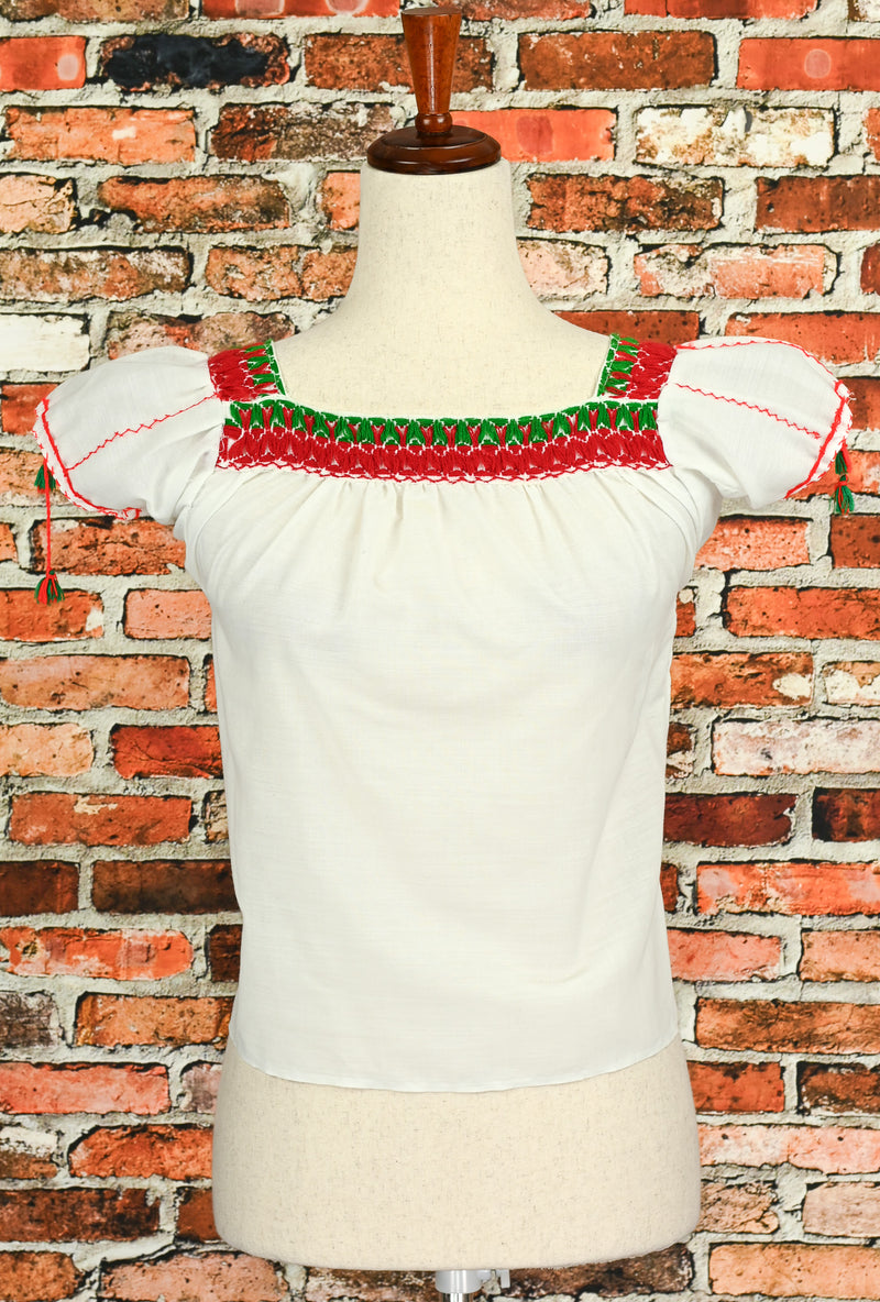 Handmade White Red & Green Embroidered Mexican Peasant Top