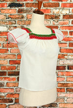 Handmade White Red & Green Embroidered Mexican Peasant Top