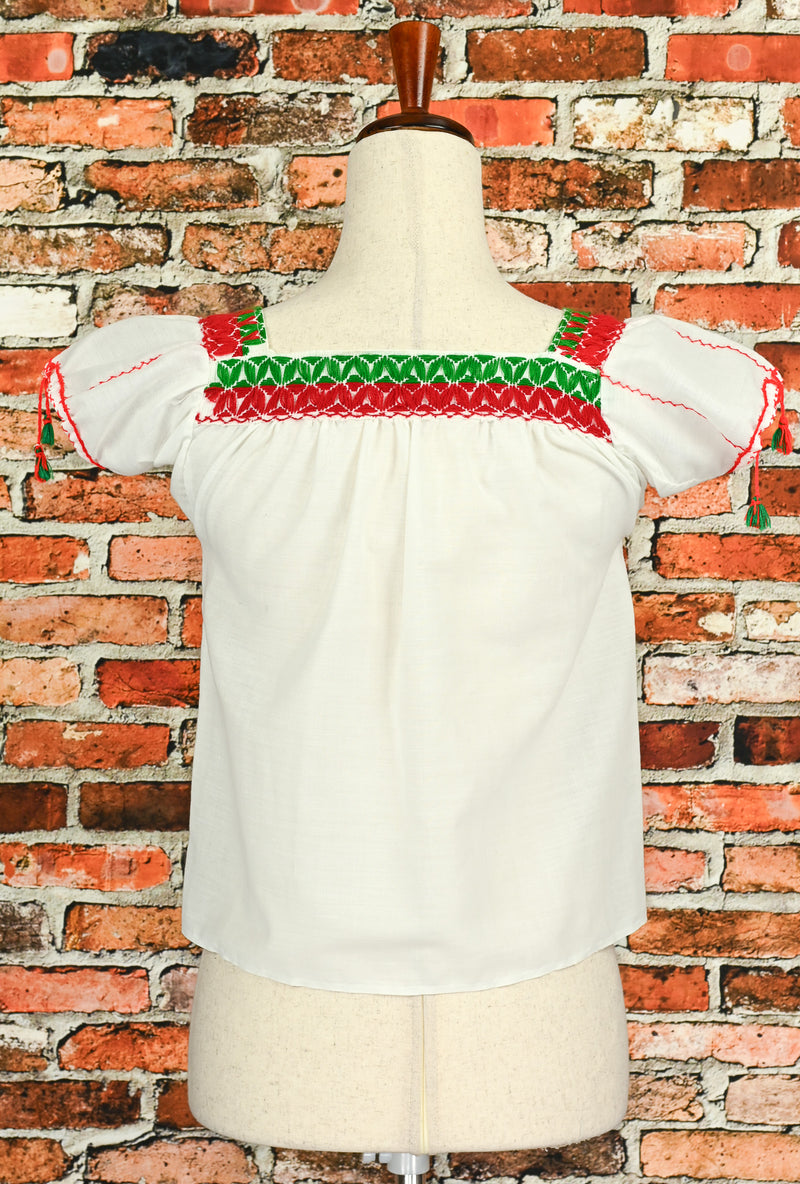 Handmade White Red & Green Embroidered Mexican Peasant Top