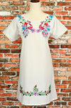 Handmade White Flamingo Embroidered Mexican Peasant Dress