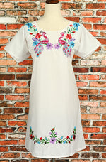 Handmade White Flamingo Embroidered Mexican Peasant Dress