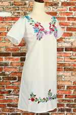 Handmade White Flamingo Embroidered Mexican Peasant Dress