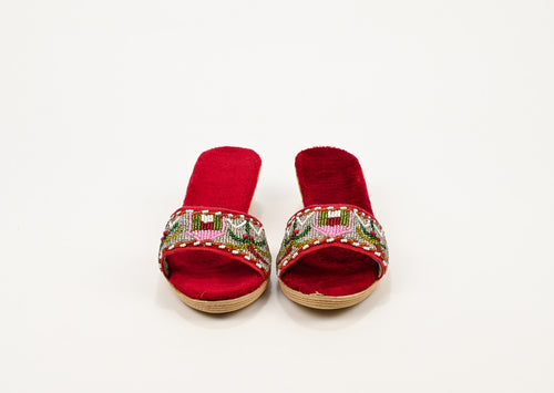 Vintage 50s/60s Tropical Beaded Peep Toe Faux Fur Mules