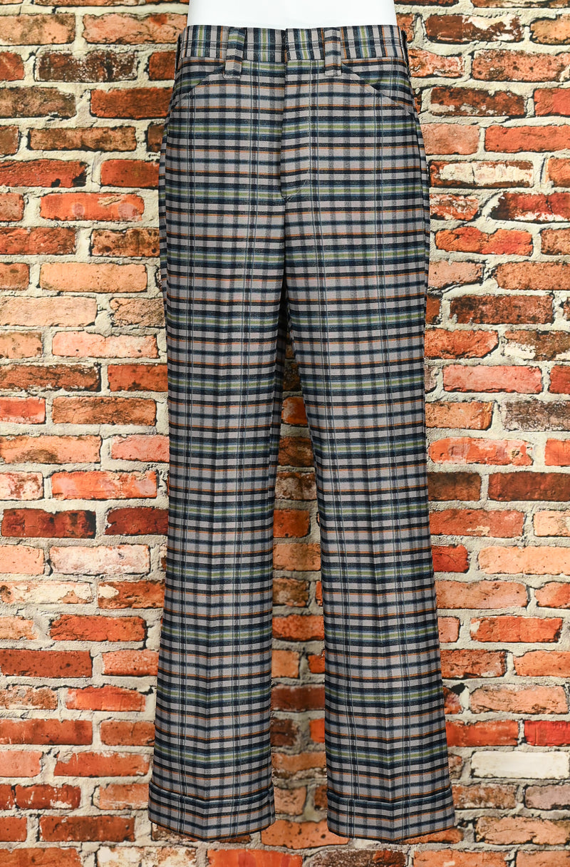 Vintage 60s/70s Grey & Blue Plaid KIVY BY MADEWELL Cuffed Polyester Dress Pants