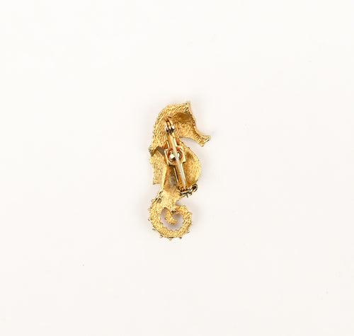 Vintage Gold Tone Seahorse Brooch w/ Emerald Eye