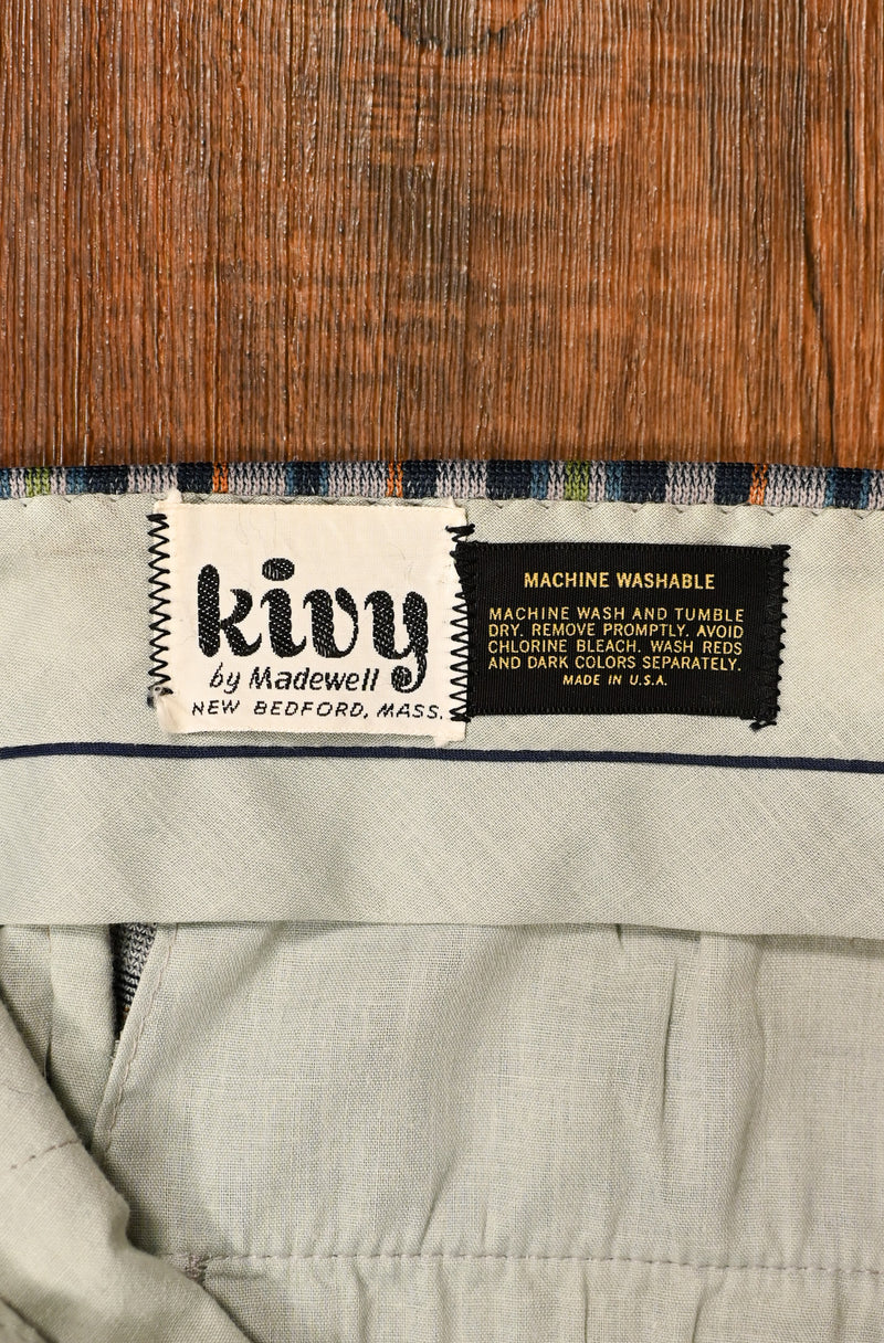 Vintage 60s/70s Grey & Blue Plaid KIVY BY MADEWELL Cuffed Polyester Dress Pants