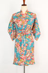 Vintage 40s/50s Turquoise & Pink Floral Komon Kimono w/ Waist Tie