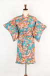 Vintage 40s/50s Turquoise & Pink Floral Komon Kimono w/ Waist Tie