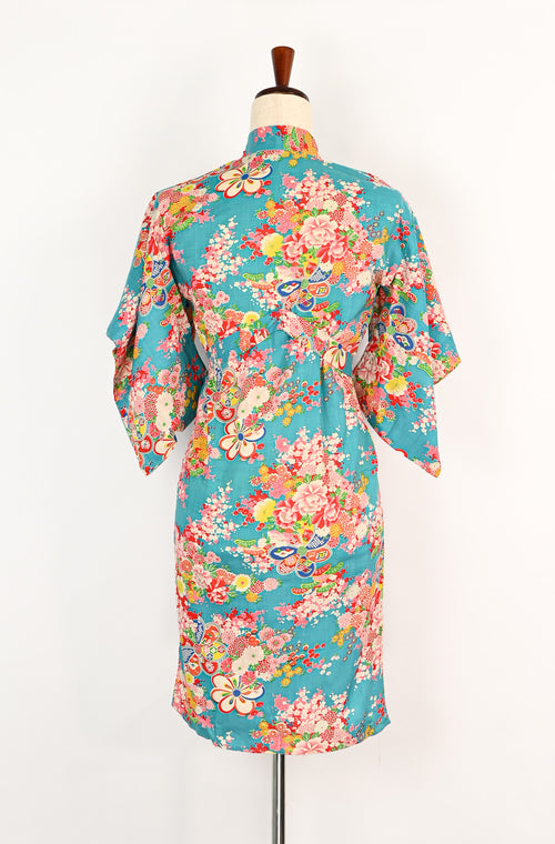 Vintage 40s/50s Turquoise & Pink Floral Komon Kimono w/ Waist Tie