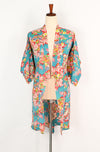 Vintage 40s/50s Turquoise & Pink Floral Komon Kimono w/ Waist Tie