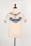 DEADSTOCK - 1940s Sheer White Nylon & Blue Rose Embroidery Mexican Peasant Top Blouse
