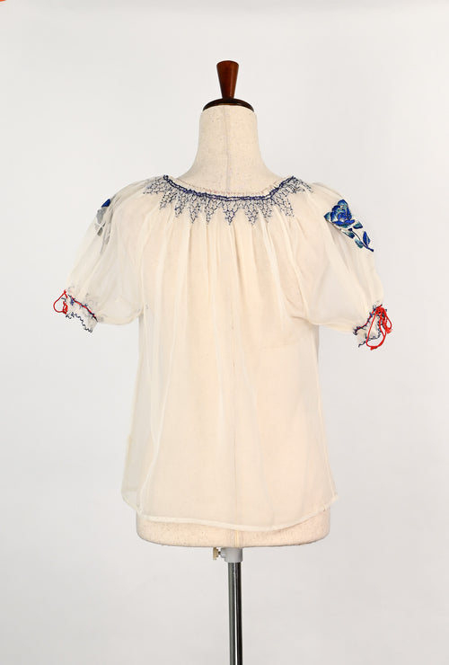 DEADSTOCK - 1940s Sheer White Nylon & Blue Rose Embroidery Mexican Peasant Top Blouse