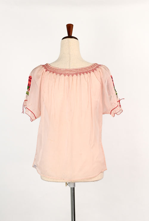 DEADSTOCK - 1940s Sheer Pink Nylon Floral Embroidery CASA SAUCEDO Mexican Peasant Top Blouse