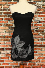 Vintage 2000s Black JESSICA McCLINTOCK Grey Floral Detailing Strapless Mini Dress - 8