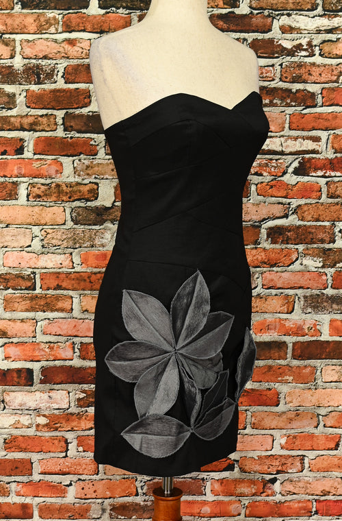 Vintage 2000s Black JESSICA McCLINTOCK Grey Floral Detailing Strapless Mini Dress - 8