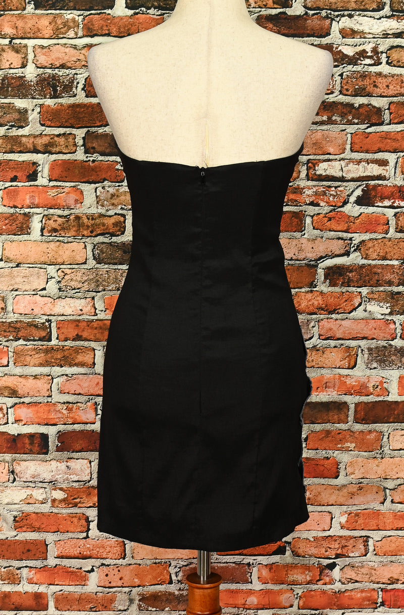 Vintage 2000s Black JESSICA McCLINTOCK Grey Floral Detailing Strapless Mini Dress - 8