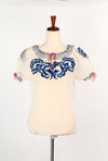 DEADSTOCK - 1940s Sheer White Nylon & Blue Floral Embroidery Mexican Peasant Top Blouse