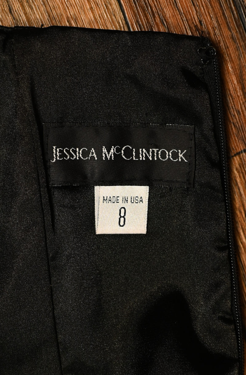 Vintage 2000s Black JESSICA McCLINTOCK Grey Floral Detailing Strapless Mini Dress - 8