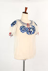 DEADSTOCK - 1940s Sheer White Nylon & Blue Floral Embroidery Mexican Peasant Top Blouse