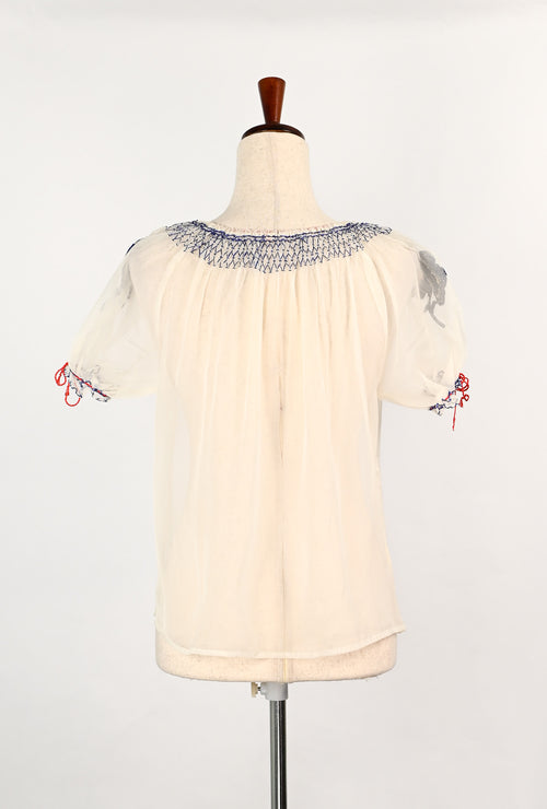 DEADSTOCK - 1940s Sheer White Nylon & Blue Floral Embroidery Mexican Peasant Top Blouse