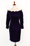 Vintage 80s/90s Purple Crushed Velvet ROBERTA Scalloped Off The Shoulder Long Sleeve Cocktail Mini Dress - 14