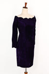Vintage 80s/90s Purple Crushed Velvet ROBERTA Scalloped Off The Shoulder Long Sleeve Cocktail Mini Dress - 14
