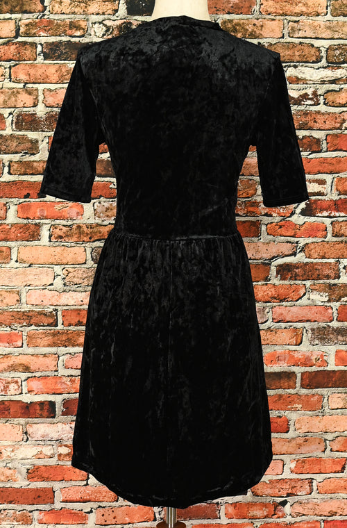 Vintage 90s Black Velvet MIKAROSE Short Sleeve Fit & Flare Mini Dress - S