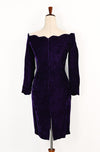 Vintage 80s/90s Purple Crushed Velvet ROBERTA Scalloped Off The Shoulder Long Sleeve Cocktail Mini Dress - 14