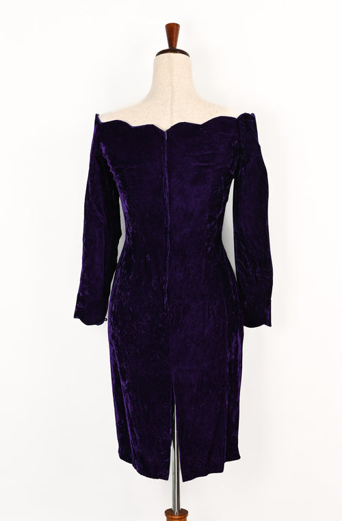Vintage 80s/90s Purple Crushed Velvet ROBERTA Scalloped Off The Shoulder Long Sleeve Cocktail Mini Dress - 14