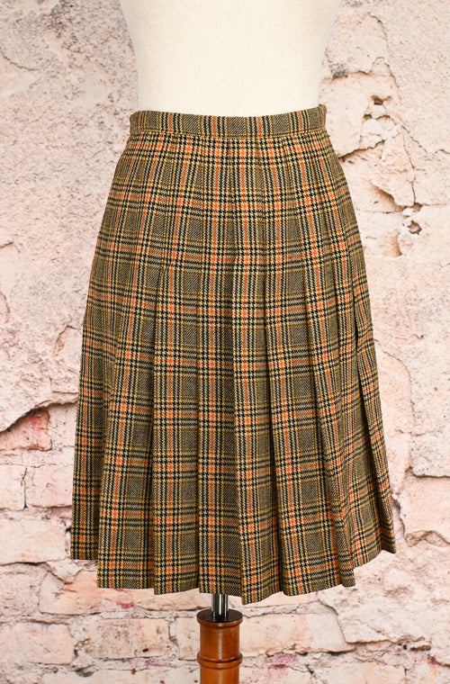 Vintage 90s Brown & Orange Plaid Pleated Wool Midi Wrap Skirt