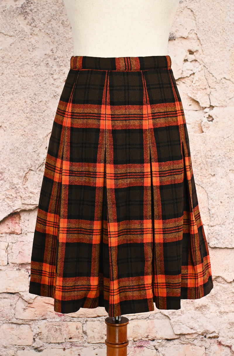 Vintage 90s Orange & Brown Plaid Pleated Wool Midi Skirt