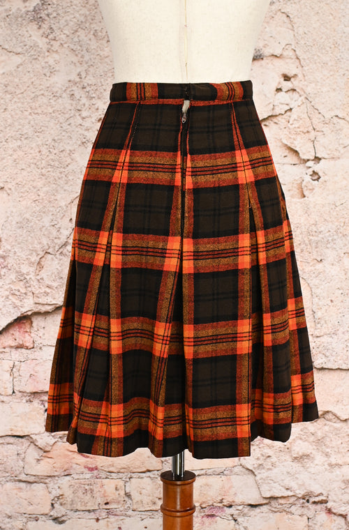 Vintage 90s Orange & Brown Plaid Pleated Wool Midi Skirt