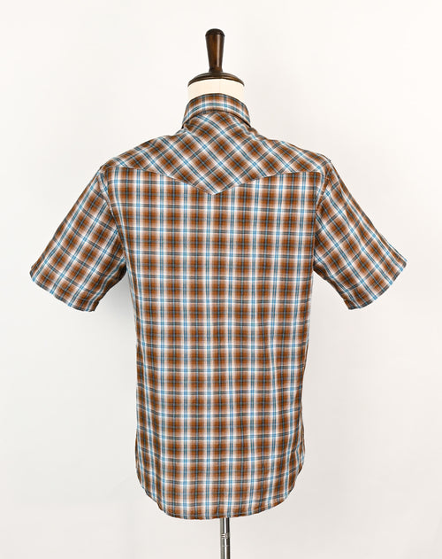 Brown & Teal Plaid WRANGLER Pearl Snap Button Short Sleeve Shirt - L/G