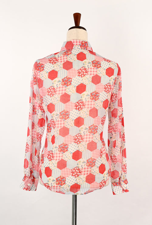 Vintage 70s Red & Blue Sheer Patchwork YOU BABES Long Sleeve Button Up Shirt