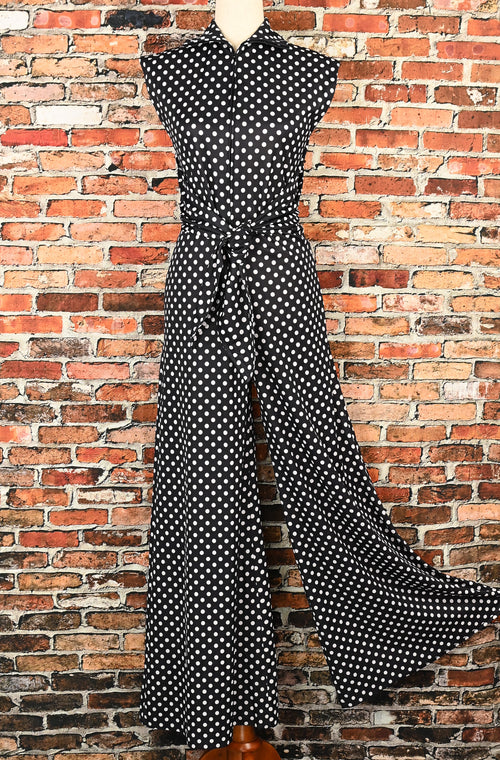 Vintage 70s Black & White Polka-dot CONNECTIONS Polyester Palazzo Pant Jumpsuit
