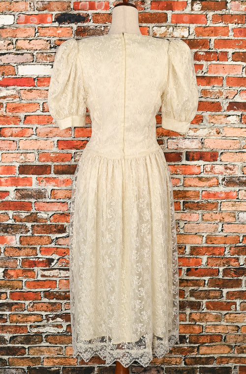 Vintage 90s Ivory Lace JESSICA MCCLINTOCK Gunne Sax Princess Cut Puff Sleeve Wedding Dress - 9