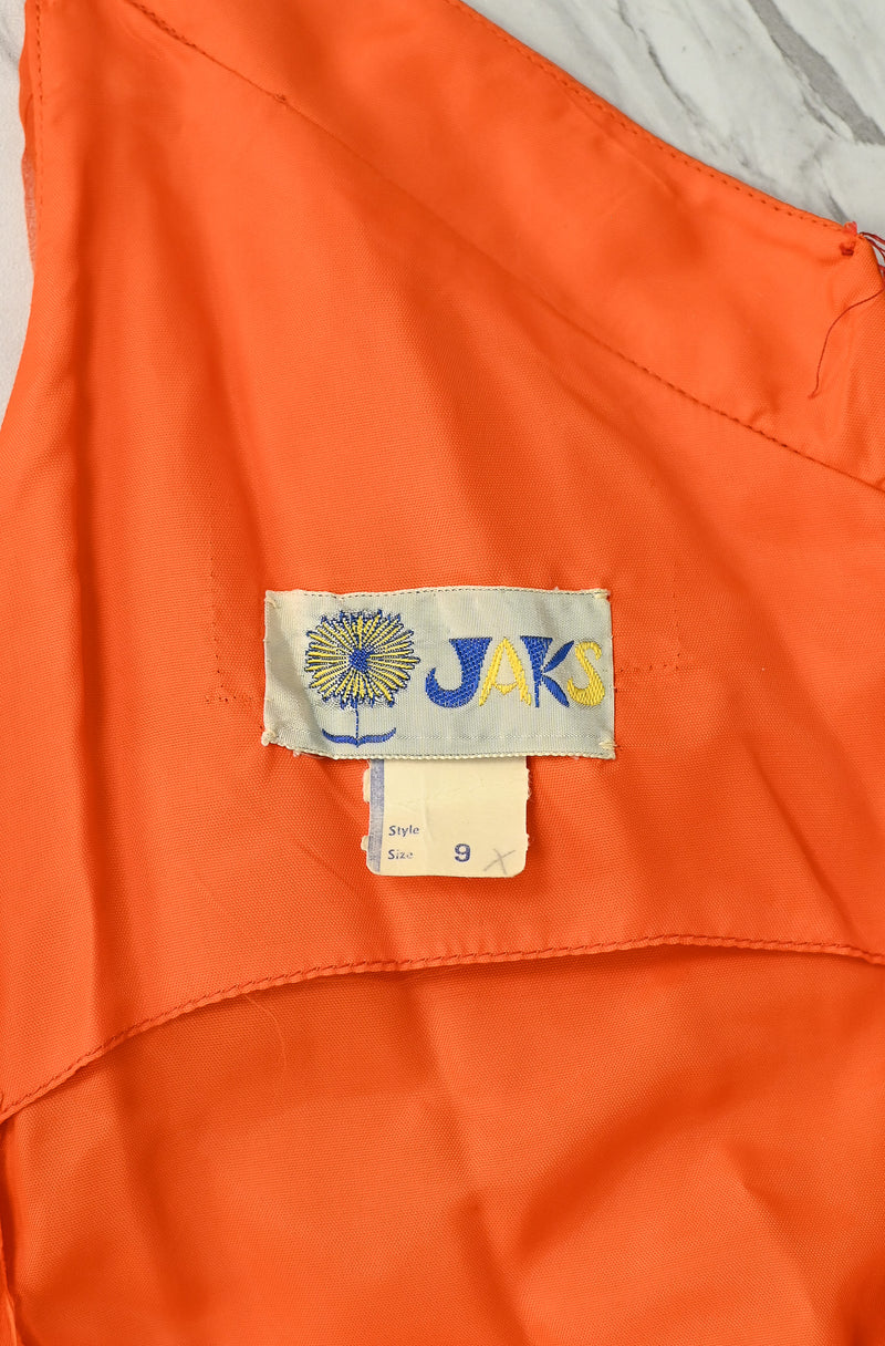 RARE Vintage 60s Orange Polyester JAKS Pleated Overlay Dress