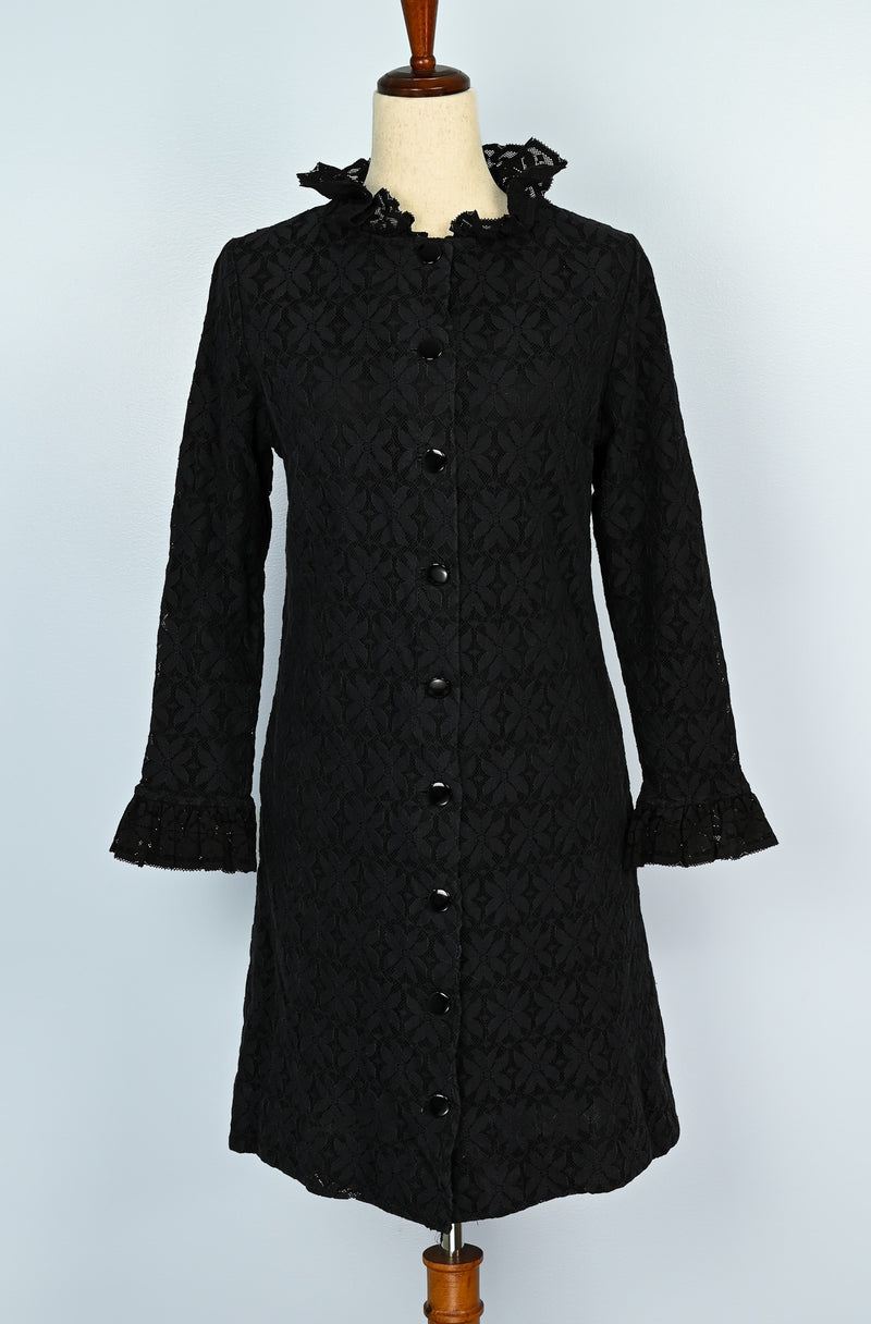 RARE Vintage 60s Black Floral Lace LE VOY'S Long Sleeve Button Up Dress