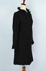 RARE Vintage 60s Black Floral Lace LE VOY'S Long Sleeve Button Up Dress
