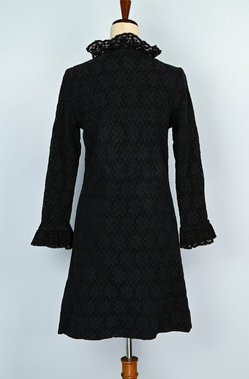 RARE Vintage 60s Black Floral Lace LE VOY'S Long Sleeve Button Up Dress