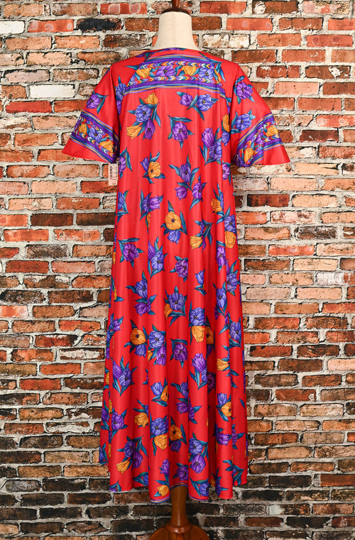 DEADSTOCK - Vintage 70s Red & Purple Floral TIGER LILY Polyester Short Sleeve House Dress - One Size Fits All