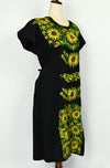 Vintage 70s Black & Yellow Sunflower Embroidered Mexican Oaxacan Peasant Dress