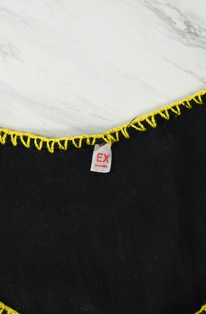 Vintage 70s Black & Yellow Sunflower Embroidered Mexican Oaxacan Peasant Dress