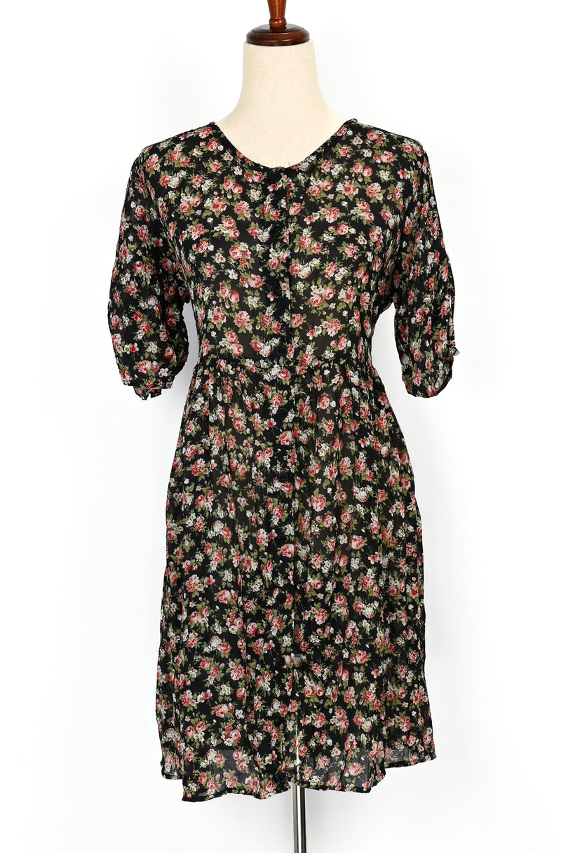 Vintage 90s Black & Red Floral ELISSE JR. Polyester Button Up Dress - 9/10