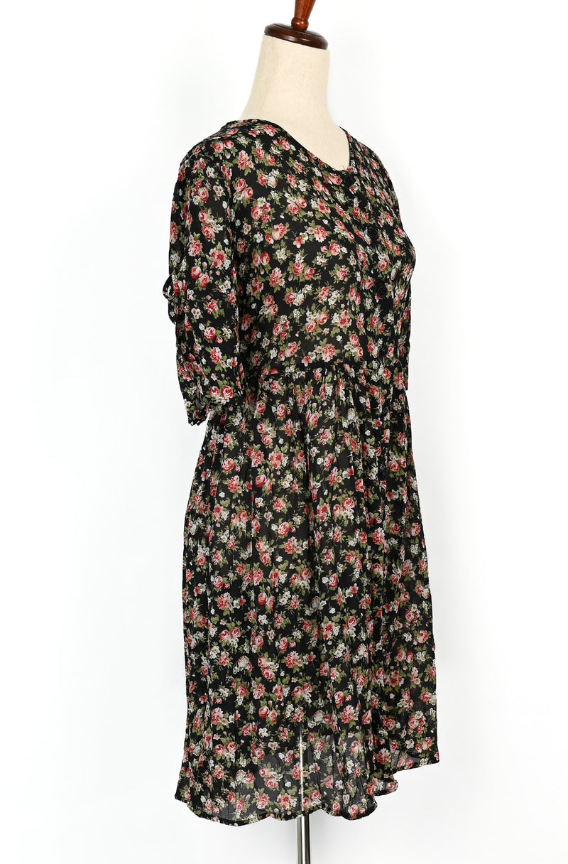 Vintage 90s Black & Red Floral ELISSE JR. Polyester Button Up Dress